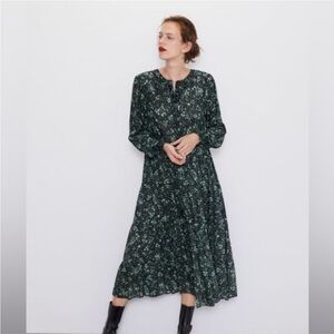 Zara Black and Green Floral Long Sleeve Maxi Dress